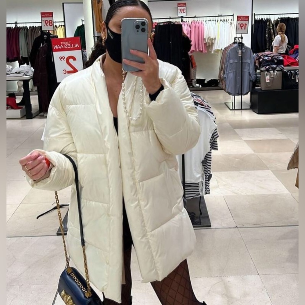 ZARA Water Repellent Puffer Padded Jacket Coat w/ Hidden Button Shinny White New